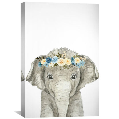 Adorable Baby Elephant Painting with Floral Crown for Nursery Decor