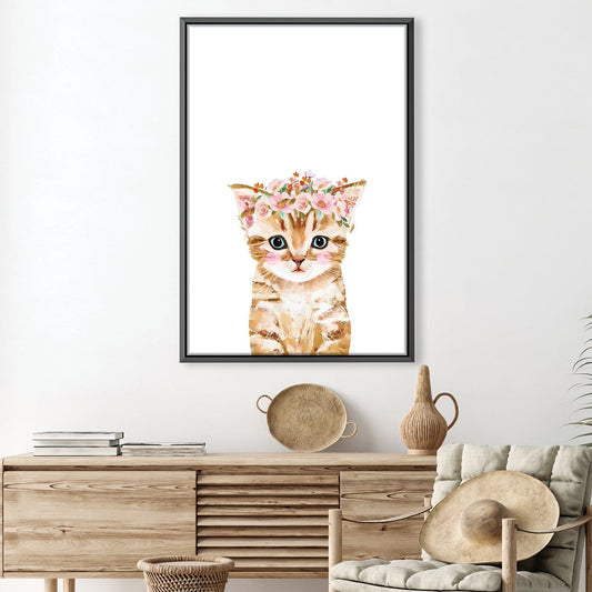 Adorable Floral Crown Kitten Oil Painting for Cat Lovers' Home Decor