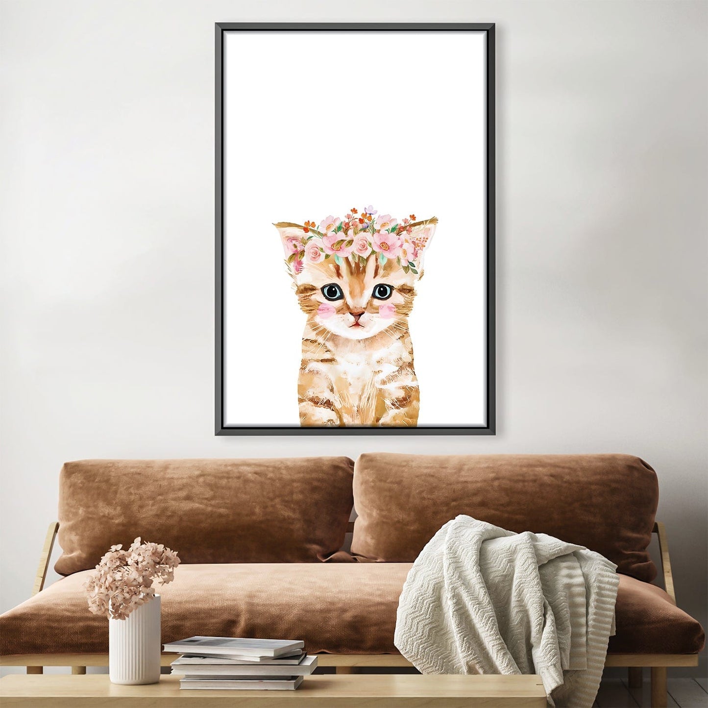 Adorable Floral Crown Kitten Oil Painting for Cat Lovers' Home Decor