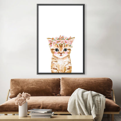Adorable Floral Crown Kitten Oil Painting for Cat Lovers' Home Decor