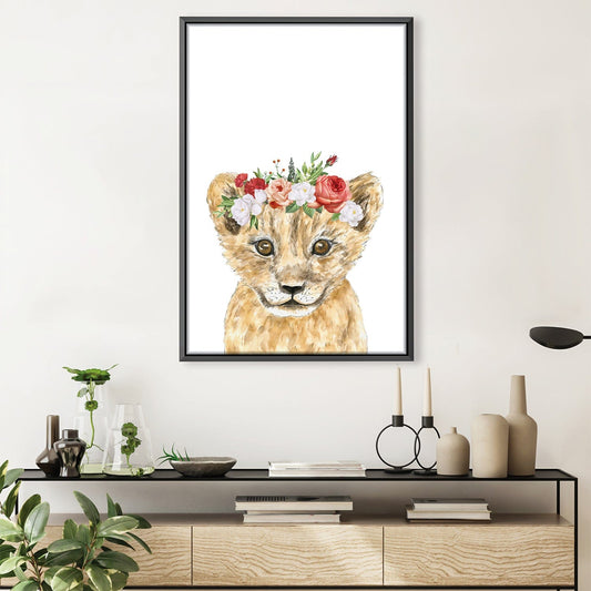 Charming Baby Lion Portrait with Floral Crown for Animal Art Lovers
