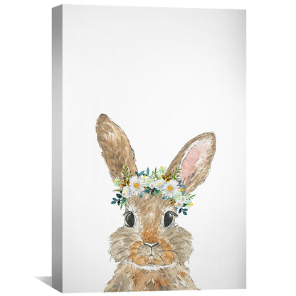 Charming Baby Rabbit Oil Painting with Floral Crown for Nursery Decor