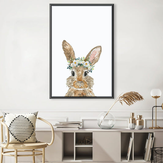 Charming Baby Rabbit Oil Painting with Floral Crown for Nursery Decor
