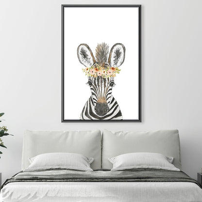Charming Zebra with Floral Crown - Whimsical Oil Painting for Elegant Decor