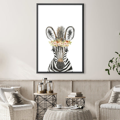 Charming Zebra with Floral Crown - Whimsical Oil Painting for Elegant Decor