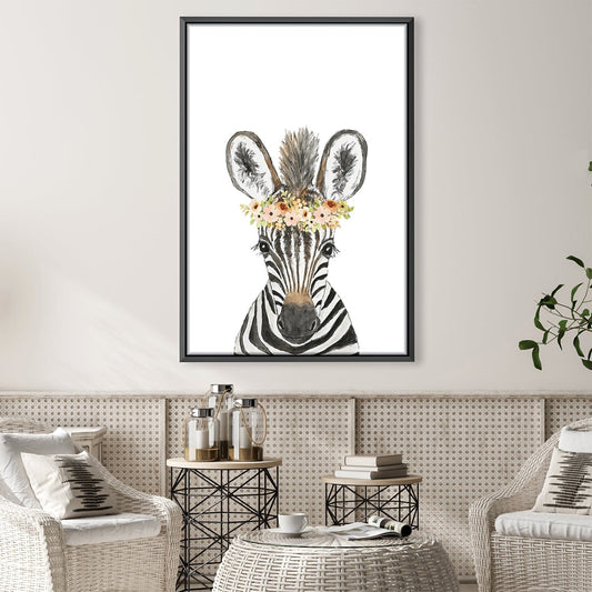 Charming Zebra with Floral Crown - Whimsical Oil Painting for Elegant Decor
