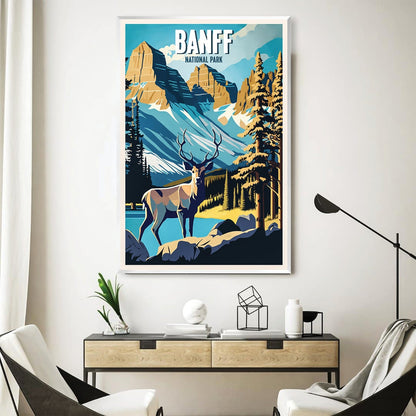 Stunning Banff National Park Oil Painting with Majestic Deer and Mountains