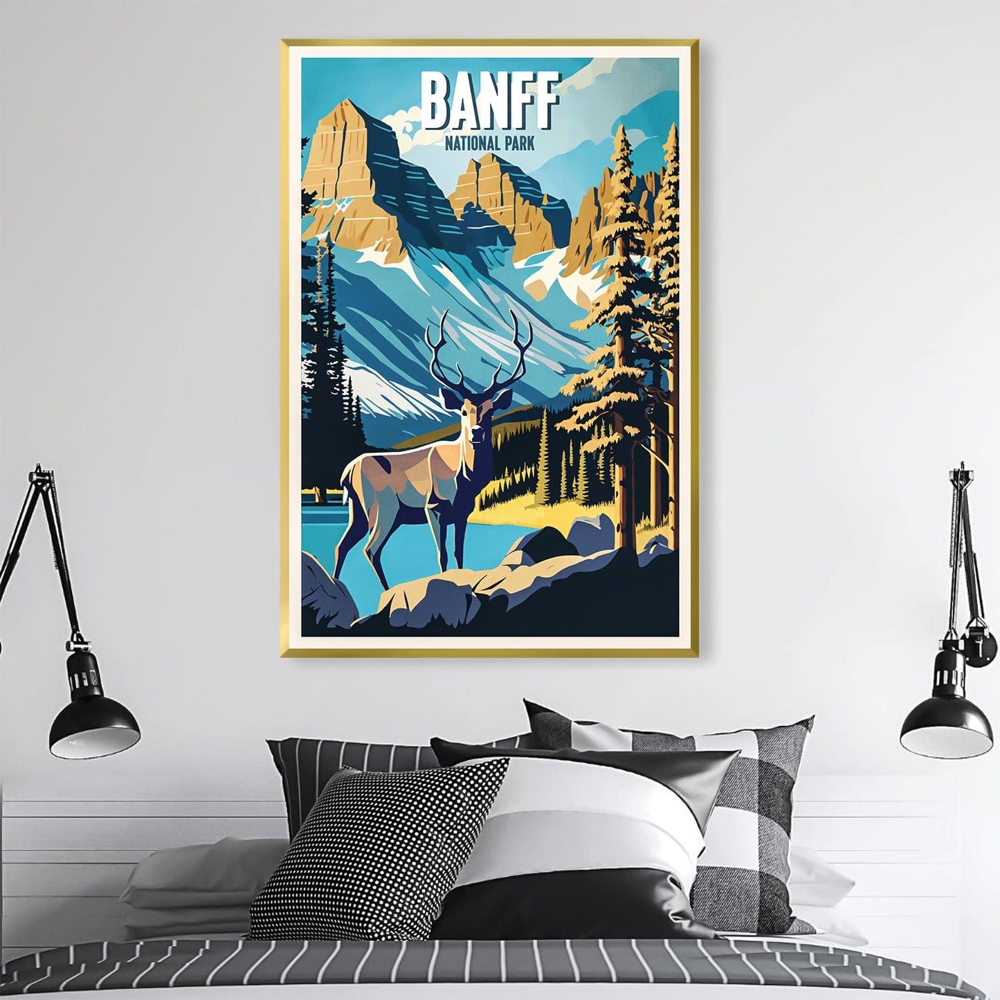 Stunning Banff National Park Oil Painting with Majestic Deer and Mountains