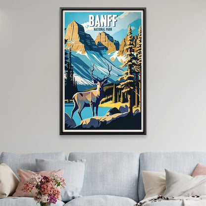 Stunning Banff National Park Oil Painting with Majestic Deer and Mountains