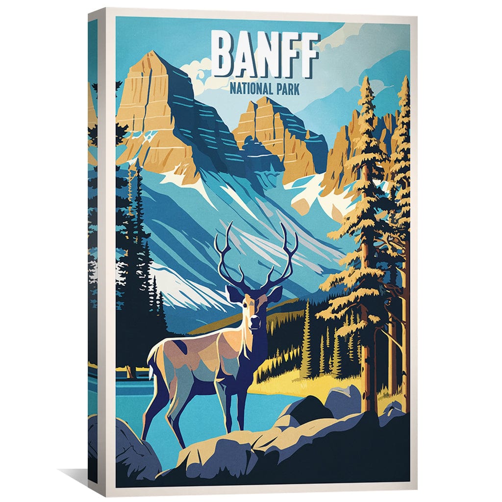 Stunning Banff National Park Oil Painting with Majestic Deer and Mountains