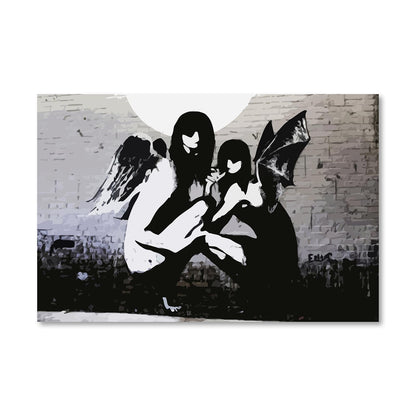 Moonlit Angels Oil Painting - Modern Wall Art Inspired by Banksy