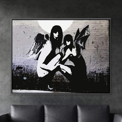 Moonlit Angels Oil Painting - Modern Wall Art Inspired by Banksy