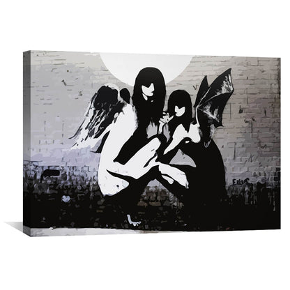 Moonlit Angels Oil Painting - Modern Wall Art Inspired by Banksy