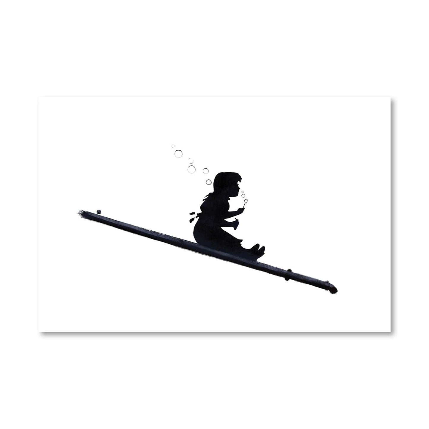 Playful Girl Blowing Bubbles Wall Art - Modern Black and White Oil Painting