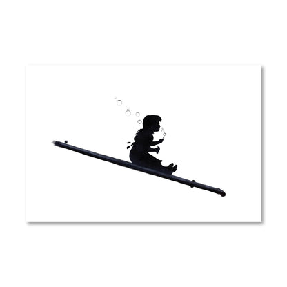 Playful Girl Blowing Bubbles Wall Art - Modern Black and White Oil Painting