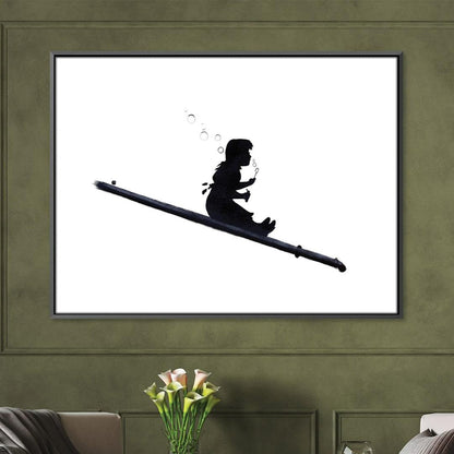 Playful Girl Blowing Bubbles Wall Art - Modern Black and White Oil Painting