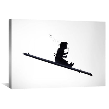 Playful Girl Blowing Bubbles Wall Art - Modern Black and White Oil Painting