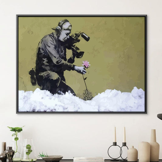 Captivating Cameraman with Flower - Contemporary Oil Painting Art