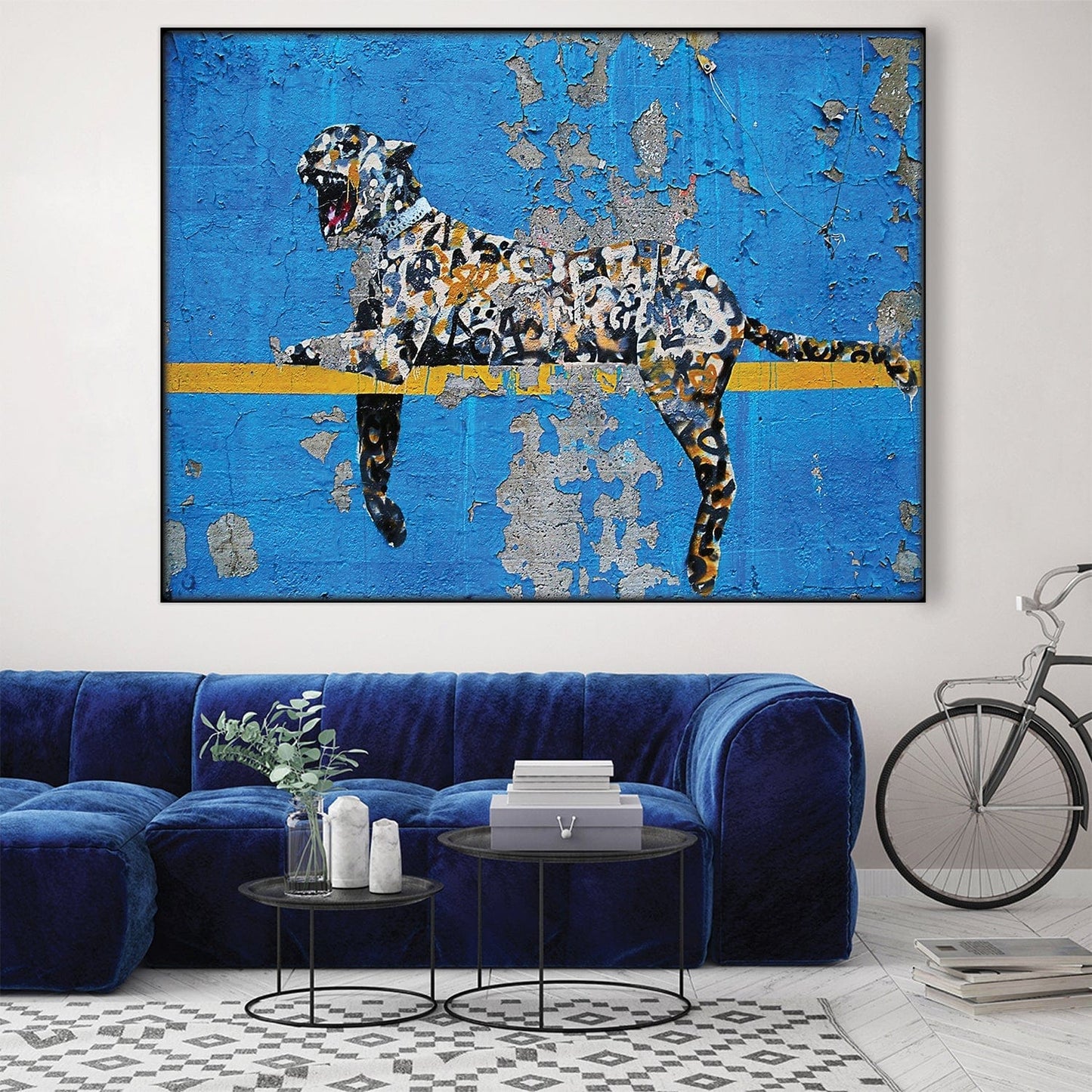 Vibrant Cheetah Oil Painting on Blue Wall Art for Modern Home Decor