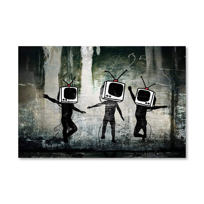 Abstract Dancing Figures with TV Heads Oil Painting for Modern Home Decor