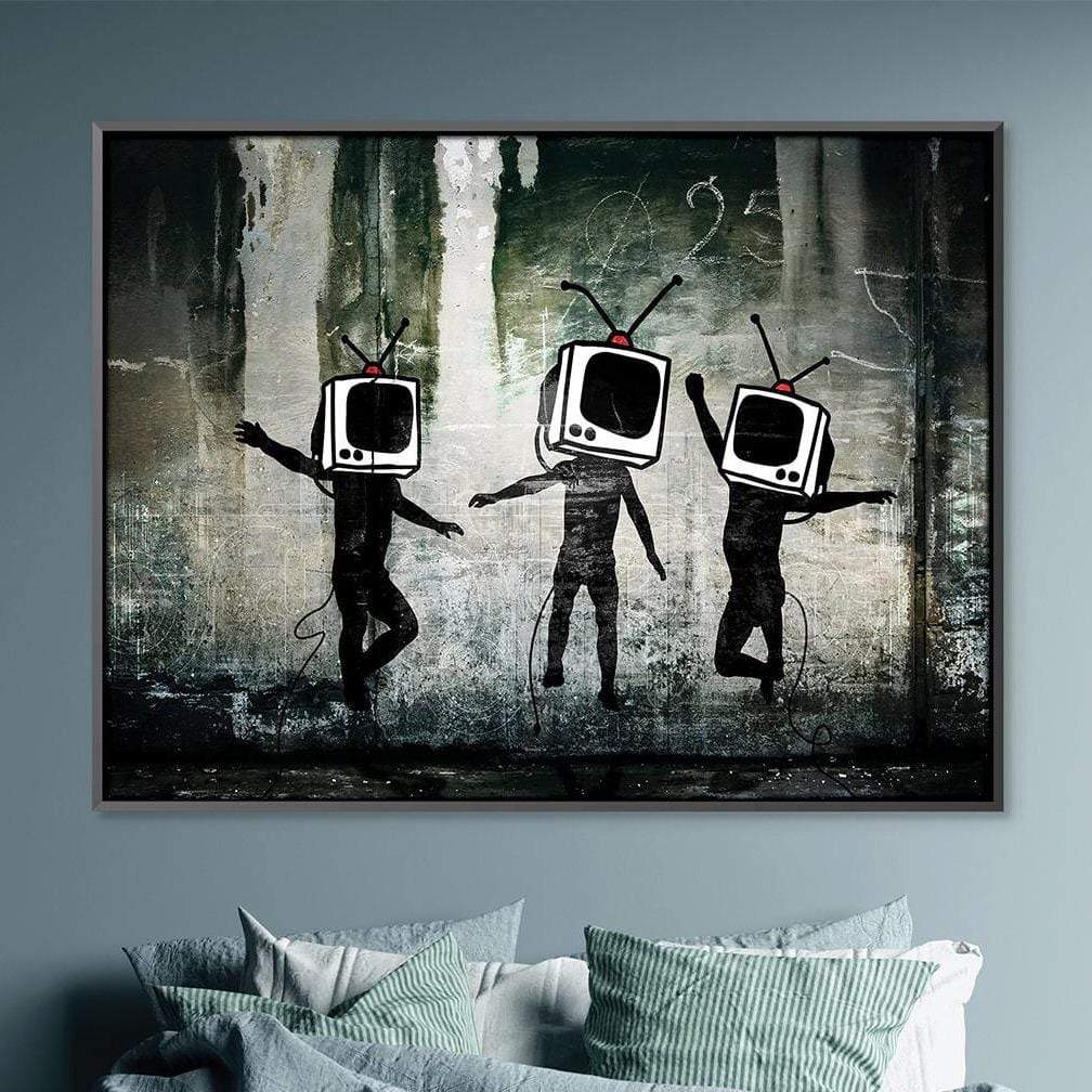 Abstract Dancing Figures with TV Heads Oil Painting for Modern Home Decor