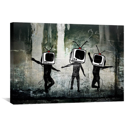 Abstract Dancing Figures with TV Heads Oil Painting for Modern Home Decor