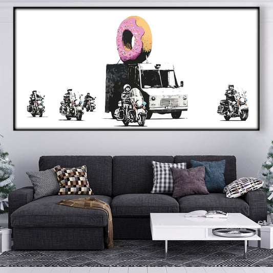 Whimsical Police Escort with Giant Donut - Modern Oil Painting for Unique Home Decor