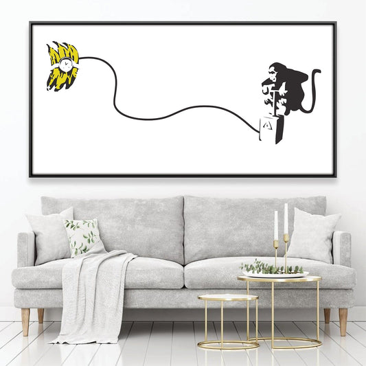 Playful Monkey with Banana Bomb – Modern Black and White Canvas Art