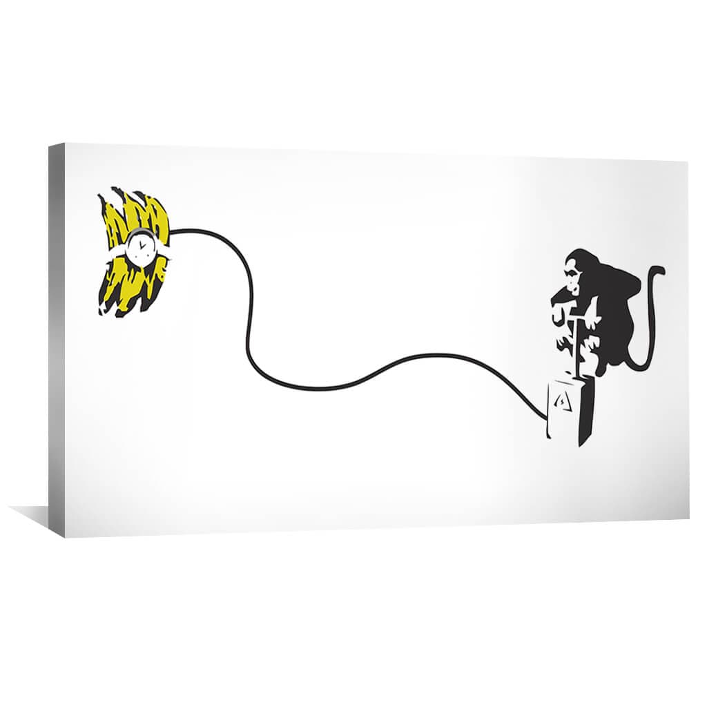 Playful Monkey with Banana Bomb – Modern Black and White Canvas Art