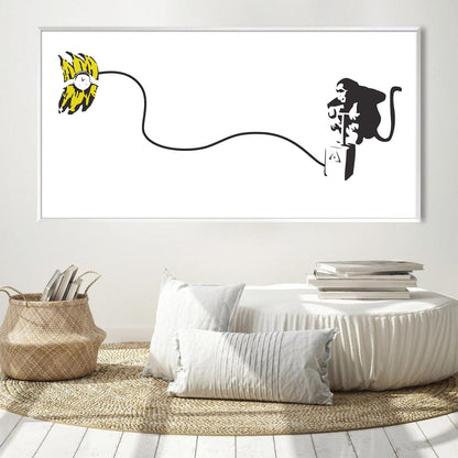 Playful Monkey with Banana Bomb – Modern Black and White Canvas Art