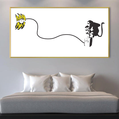 Playful Monkey with Banana Bomb – Modern Black and White Canvas Art