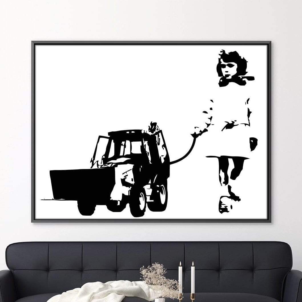 Whimsical Girl Walking a Cat in a Toy Car - Modern Oil Painting