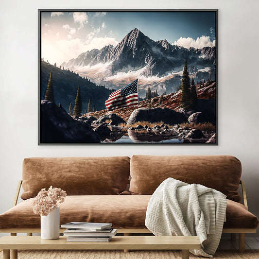 Majestic Mountain Landscape with American Flag Oil Painting