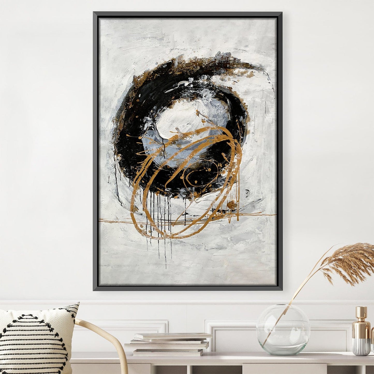 Abstract Gold and Black Oil Painting - Modern Wall Art for Home Decor