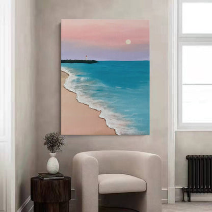 Serene Beach Sunset Oil Painting - Tranquil Ocean Waves and Lighthouse Art