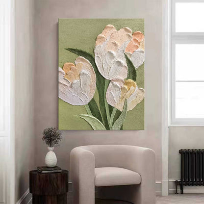 Elegant White Tulip Oil Painting on Green Canvas for Floral Home Decor