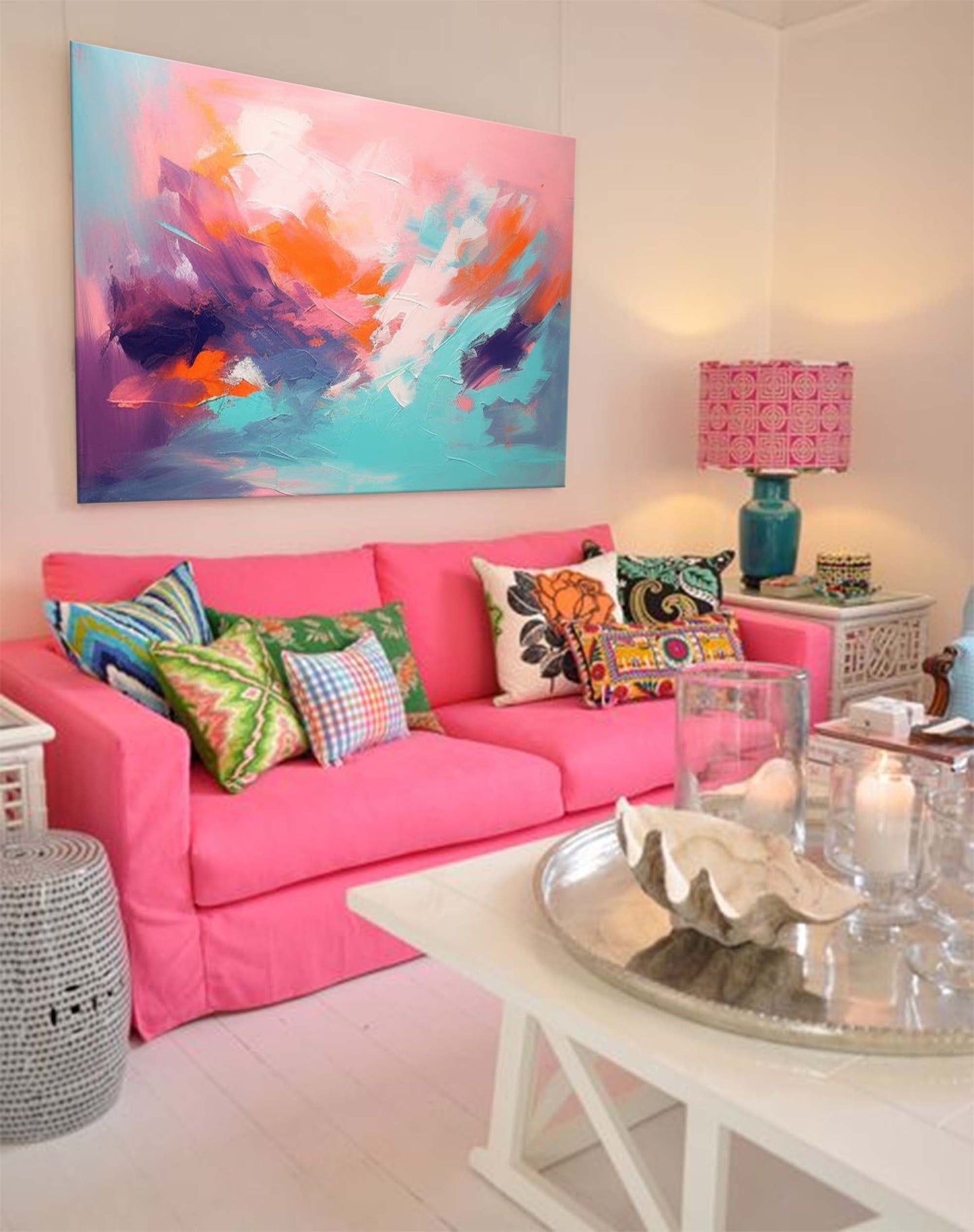 Vibrant Abstract Oil Painting in Pink and Teal for Modern Home Decor