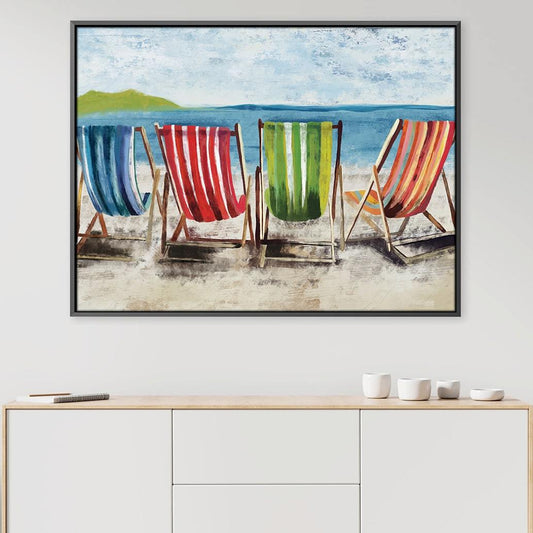 Colorful Beach Chairs by the Sea ‚Äì Relaxing Ocean View Oil Painting