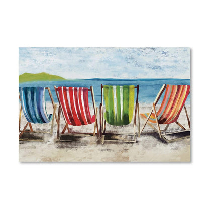 Colorful Beach Chairs by the Sea ‚Äì Relaxing Ocean View Oil Painting