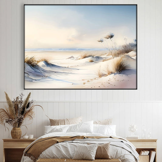Serene Beach Landscape Oil Painting with Coastal Dunes and Soft Horizons