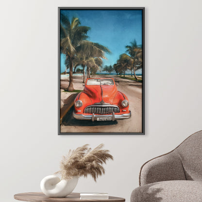Vintage Red Car on Beachfront Road - Coastal Landscape Oil Painting