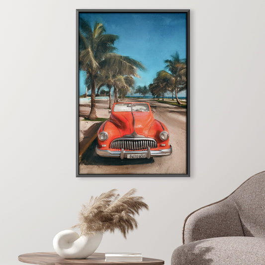 Vintage Red Car on Beachfront Road - Coastal Landscape Oil Painting