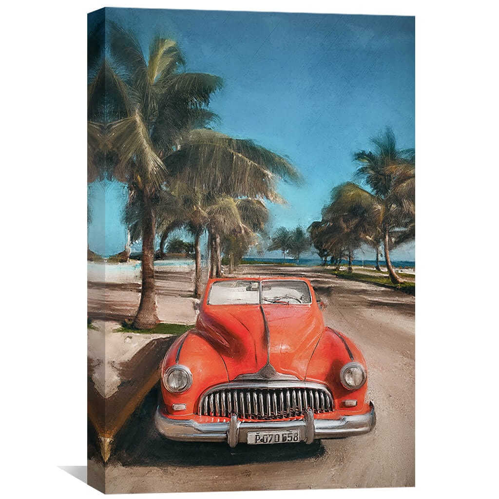 Vintage Red Car on Beachfront Road - Coastal Landscape Oil Painting