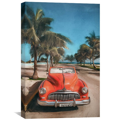 Vintage Red Car on Beachfront Road - Coastal Landscape Oil Painting