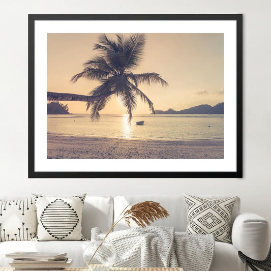 Tranquil Sunset Beach Oil Painting with Palm Trees and Serene Ocean View