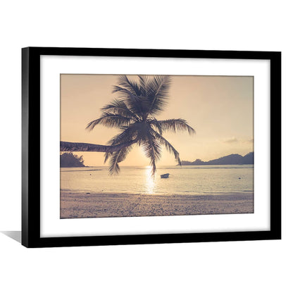 Tranquil Sunset Beach Oil Painting with Palm Trees and Serene Ocean View