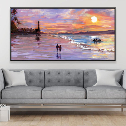 Romantic Sunset Beach Walk Oil Painting for Coastal Home Decor
