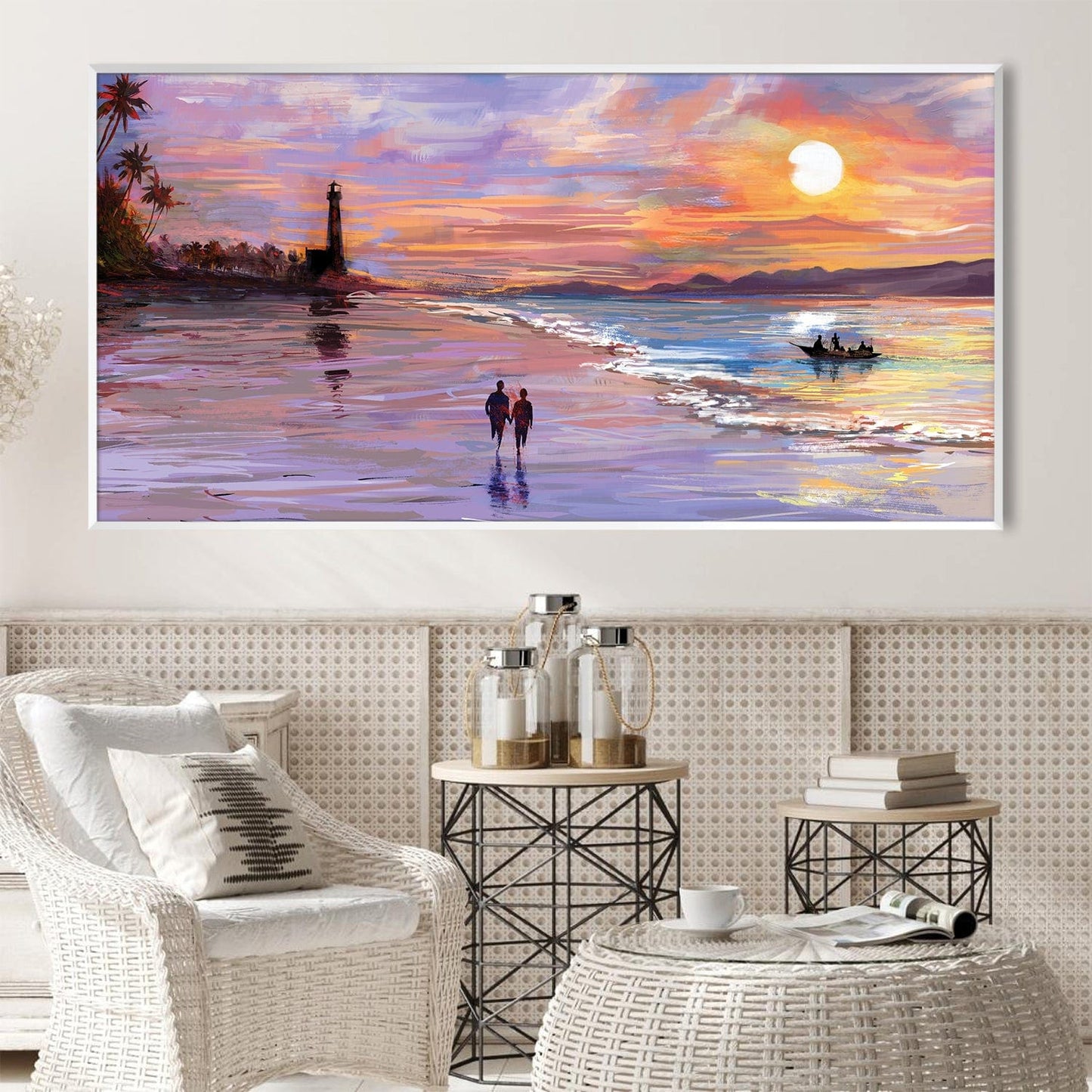 Romantic Sunset Beach Walk Oil Painting for Coastal Home Decor