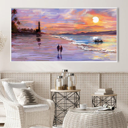 Romantic Sunset Beach Walk Oil Painting for Coastal Home Decor