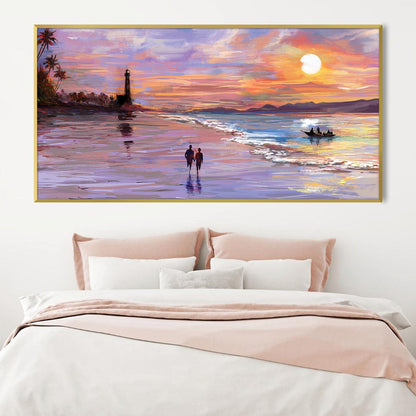 Romantic Sunset Beach Walk Oil Painting for Coastal Home Decor